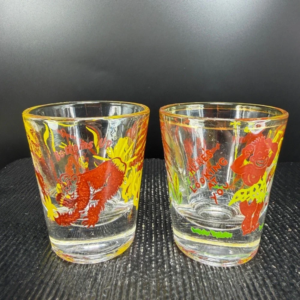 1950s Tiki Shot Glass Set 2 Bottoms Up Heres Looking At You Gold Rim Tropical - Picture 11 of 12